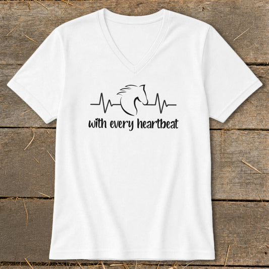 White v-neck t-shirt with a horse head in a heartbeat line and "with every heartbeat" text.