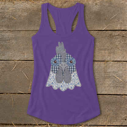 Purple racerback tank top with a fabric applique chicken face.
