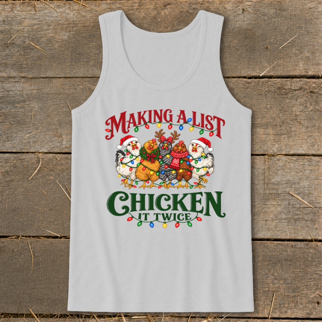 Funny Christmas chickens wearing Santa hats and lights, "Making a list, chicken it twice."