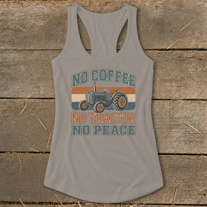 Grey tank top with "No Coffee No Tractor No Peace" text and a tractor graphic.