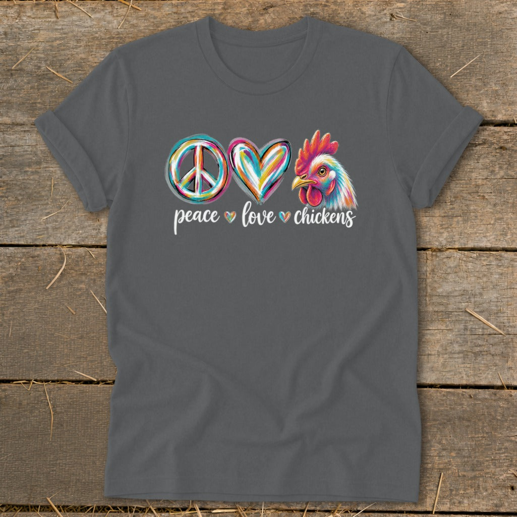 Dark grey t-shirt with peace, heart, and chicken graphics and text.