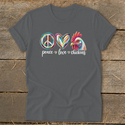 Dark grey t-shirt with peace, heart, and chicken graphics and text.