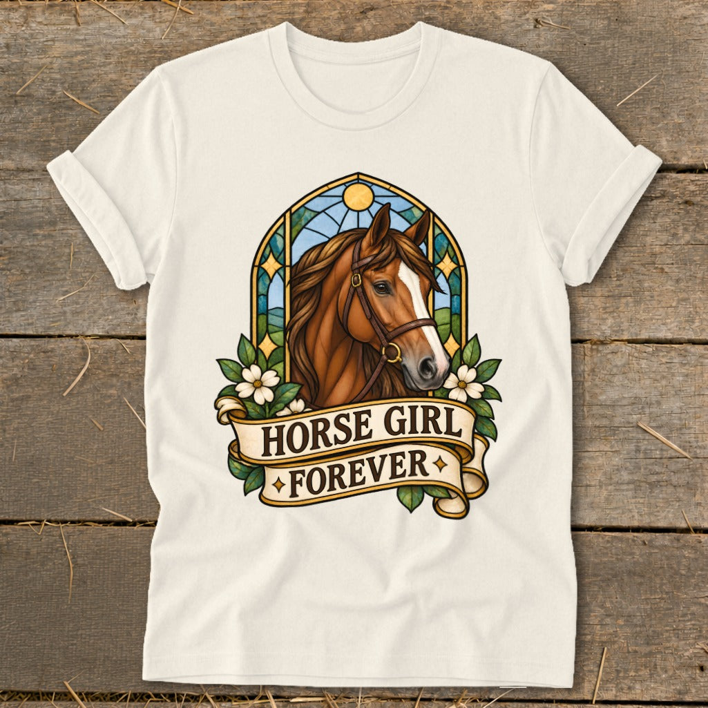 Horse head with stained glass background and "Horse Girl Forever" banner.