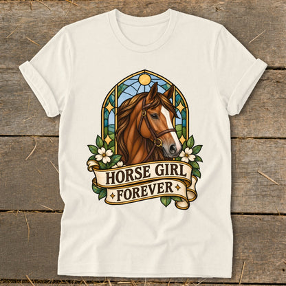 Horse head with stained glass background and "Horse Girl Forever" banner.