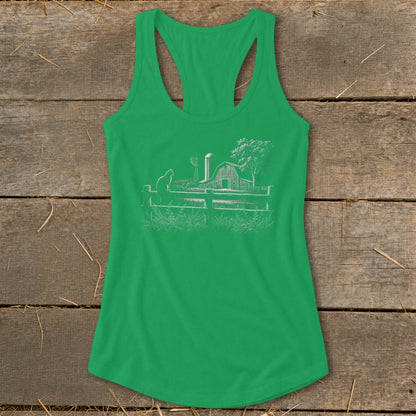 Green tank top with white line art of a cat, fence, barn, and windmill.