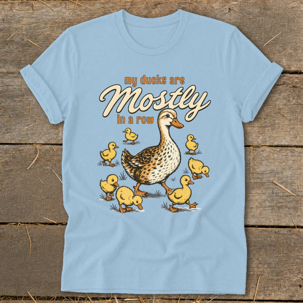 Light blue t-shirt with a mother duck and ducklings graphic and text "my ducks are Mostly in a row".