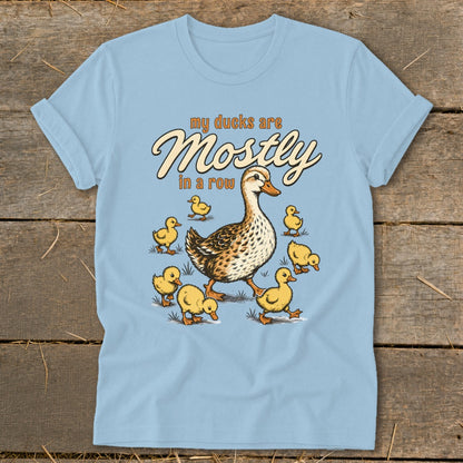 Light blue t-shirt with a mother duck and ducklings graphic and text "my ducks are Mostly in a row".