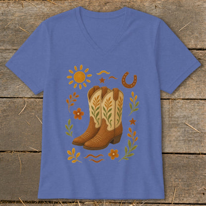 V-neck t-shirt with western cowboy boots, sun, horseshoe, and floral design.