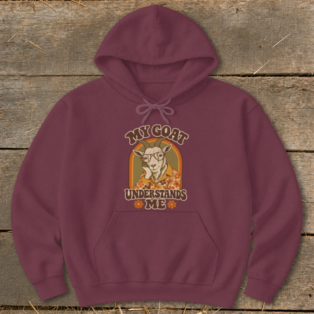 Maroon hoodie with a vintage graphic of a goat wearing glasses and text "MY GOAT UNDERSTANDS ME".