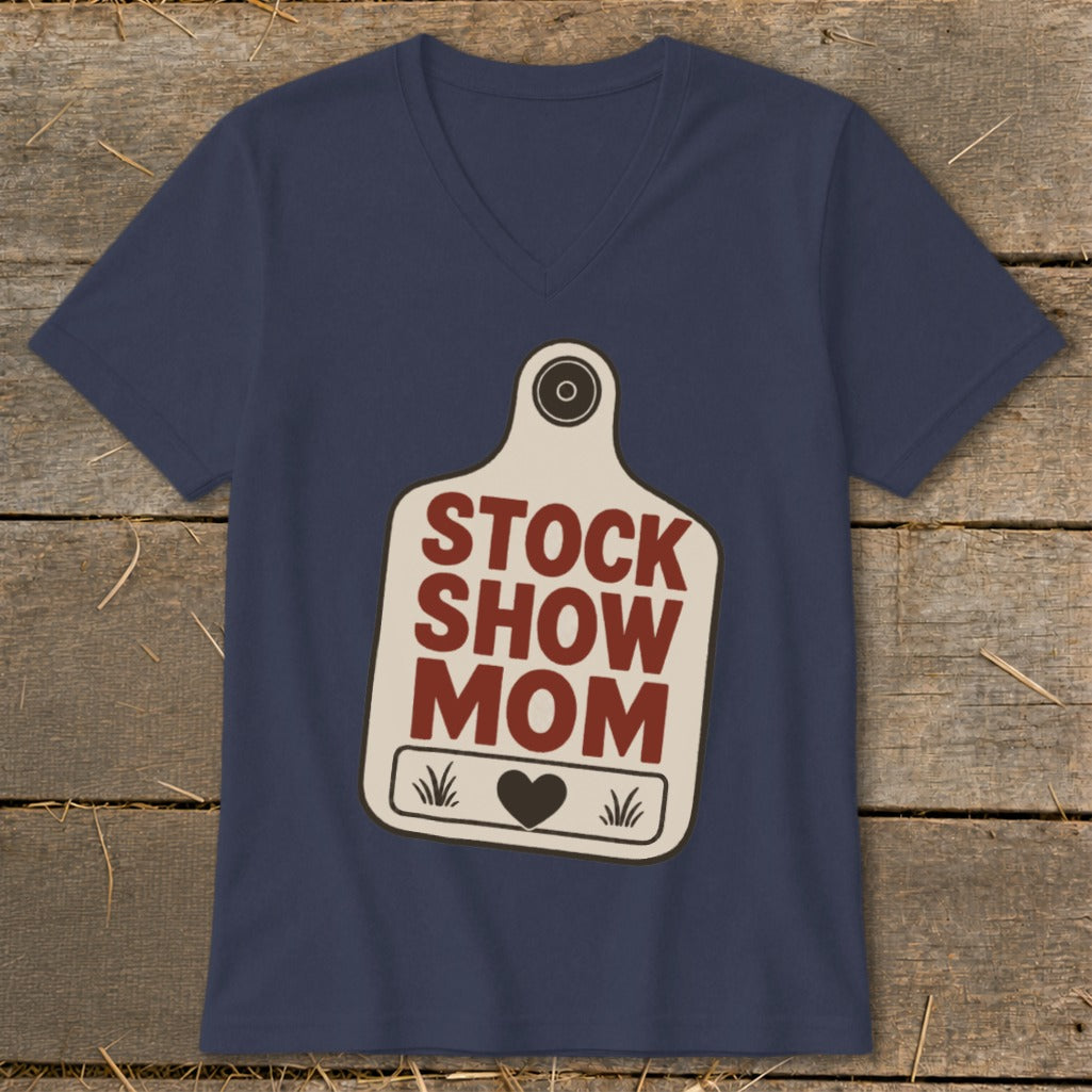 Navy v-neck t-shirt with a cream cattle tag design reading "STOCK SHOW MOM".