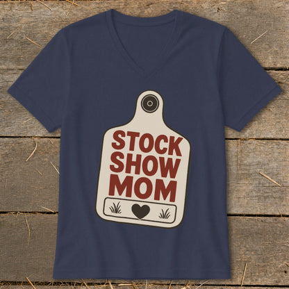 Navy v-neck t-shirt with a cream cattle tag design reading "STOCK SHOW MOM".