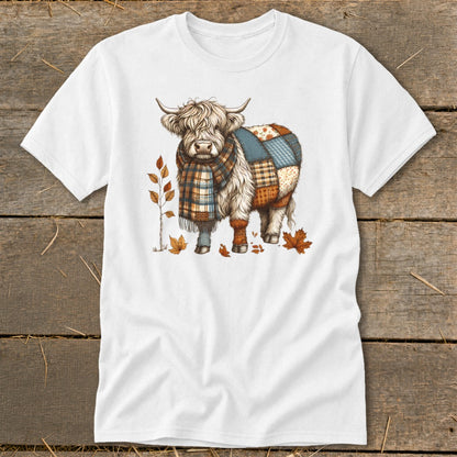White t-shirt with a fuzzy highland cow graphic wearing a plaid scarf and patchwork body.