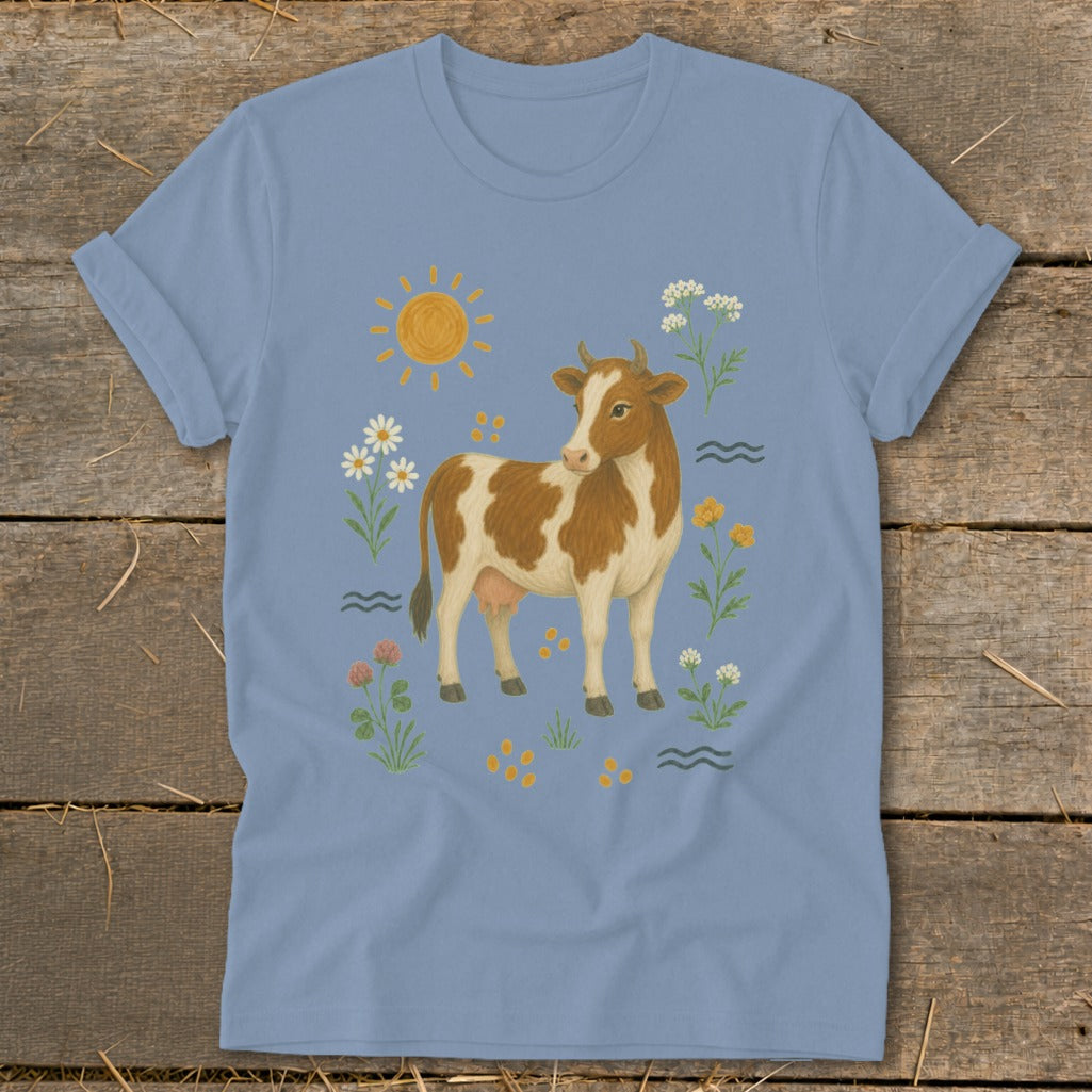 Brown and white cow with flowers and a sun graphic on a blue t-shirt.