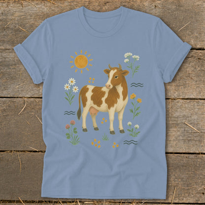 Brown and white cow with flowers and a sun graphic on a blue t-shirt.