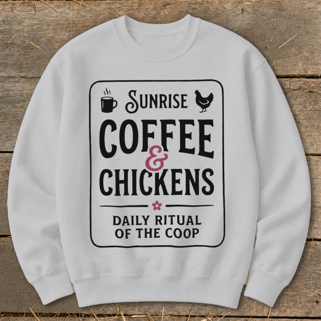White sweatshirt with "Sunrise Coffee & Chickens Daily Ritual of the Coop" text.