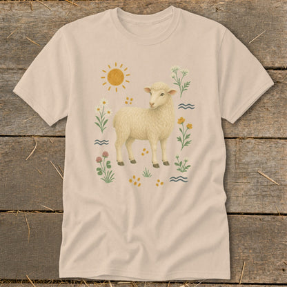 Light beige t-shirt with a graphic of a sheep and flowers under a sun.