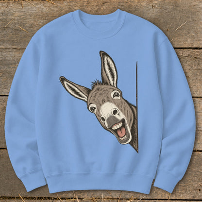 Light blue sweatshirt with a detailed illustration of a laughing donkey peeking from the side.