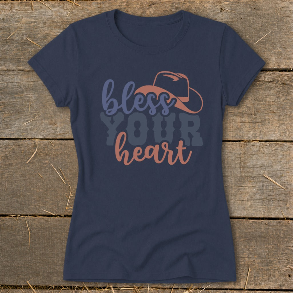 Navy t-shirt with "bless your heart" text and a cowboy hat graphic.