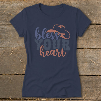 Navy t-shirt with "bless your heart" text and a cowboy hat graphic.