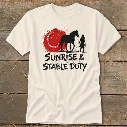 T-shirt with black horse, person silhouette, red sun, and text "SUNRISE & STABLE DUTY".