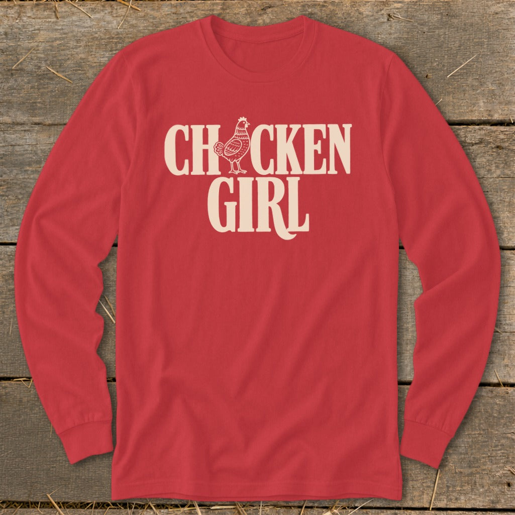 Red long-sleeve shirt with "CHICKEN GIRL" text and a chicken graphic.
