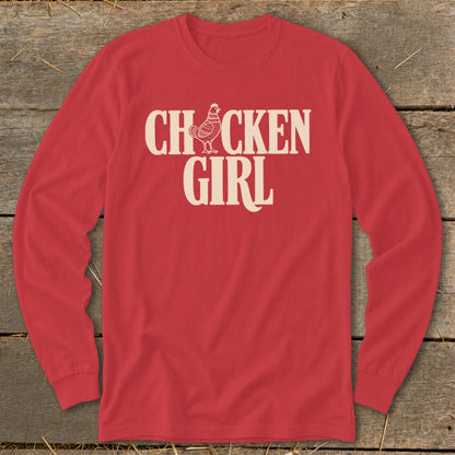 Red long-sleeve shirt with "CHICKEN GIRL" text and a chicken graphic.