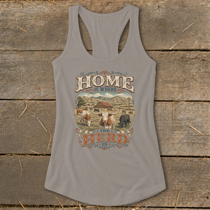 Tank top graphic with text "HOME IS WHERE THE HERD IS" and farm scene.