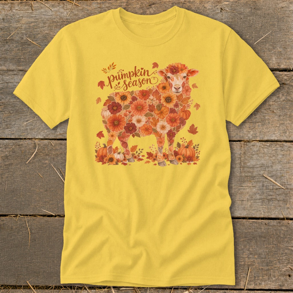Yellow t-shirt with a sheep illustration made of autumn flowers and pumpkins.