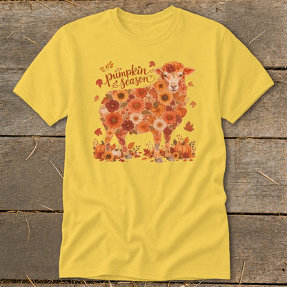 Yellow t-shirt with a sheep illustration made of autumn flowers and pumpkins.