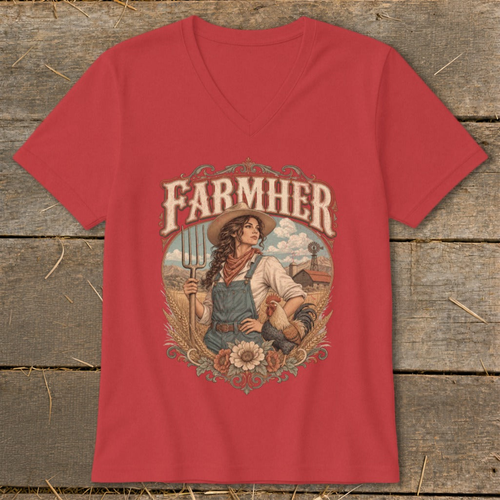Red t-shirt with "Farmher" text above a farmer woman and rooster illustration.