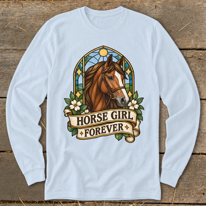 Light blue long-sleeve shirt with a horse head graphic and "HORSE GIRL FOREVER" text.
