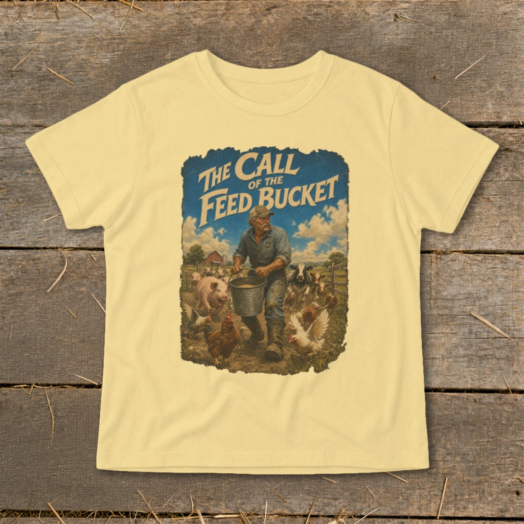 T-shirt with graphic "The Call of the Feed Bucket" showing a farmer feeding farm animals.