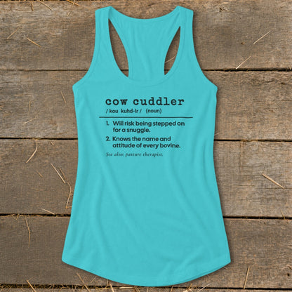 Teal tank top with "cow cuddler" definition including humorous descriptions.