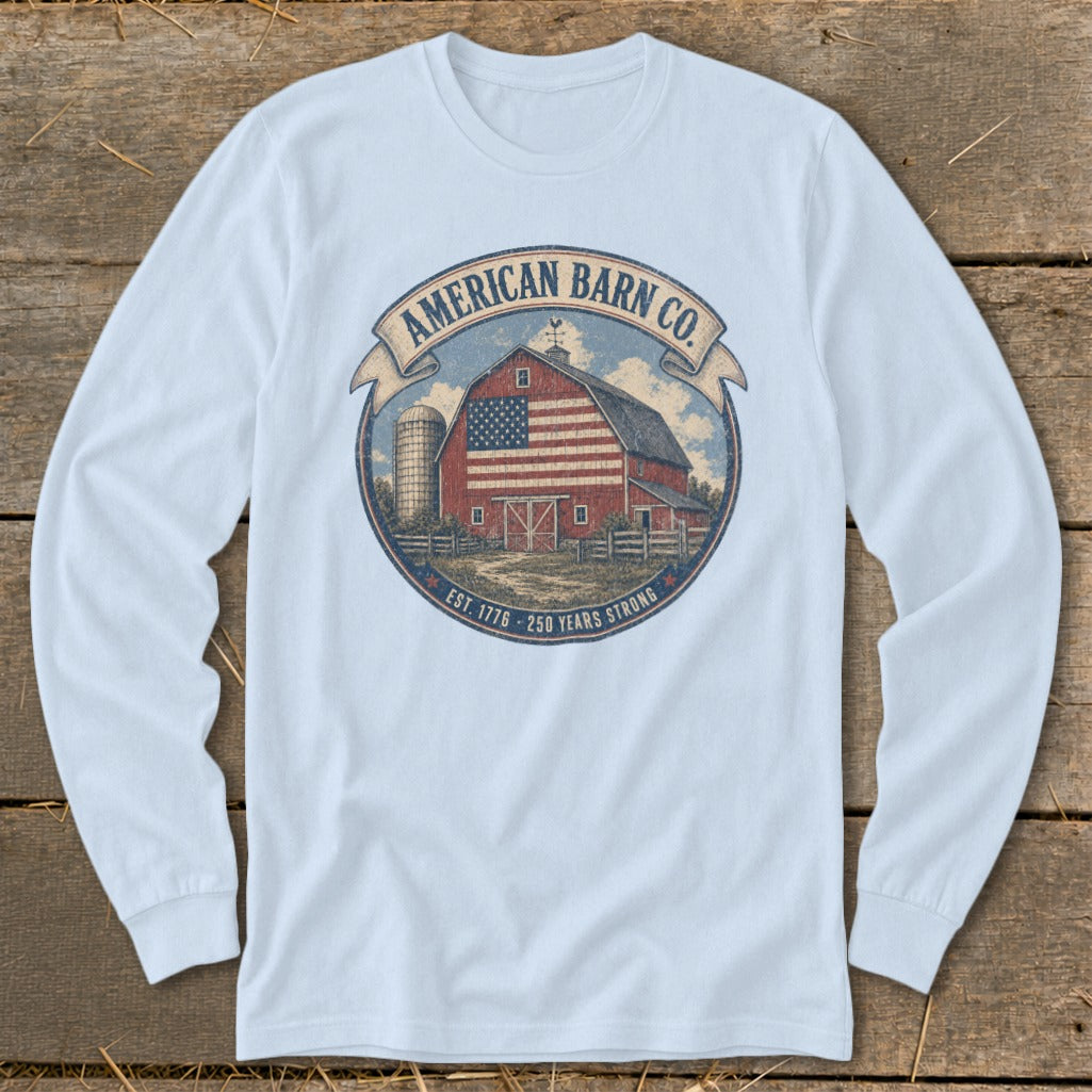Long sleeve shirt with American Barn Co. graphic featuring a barn with an American flag.