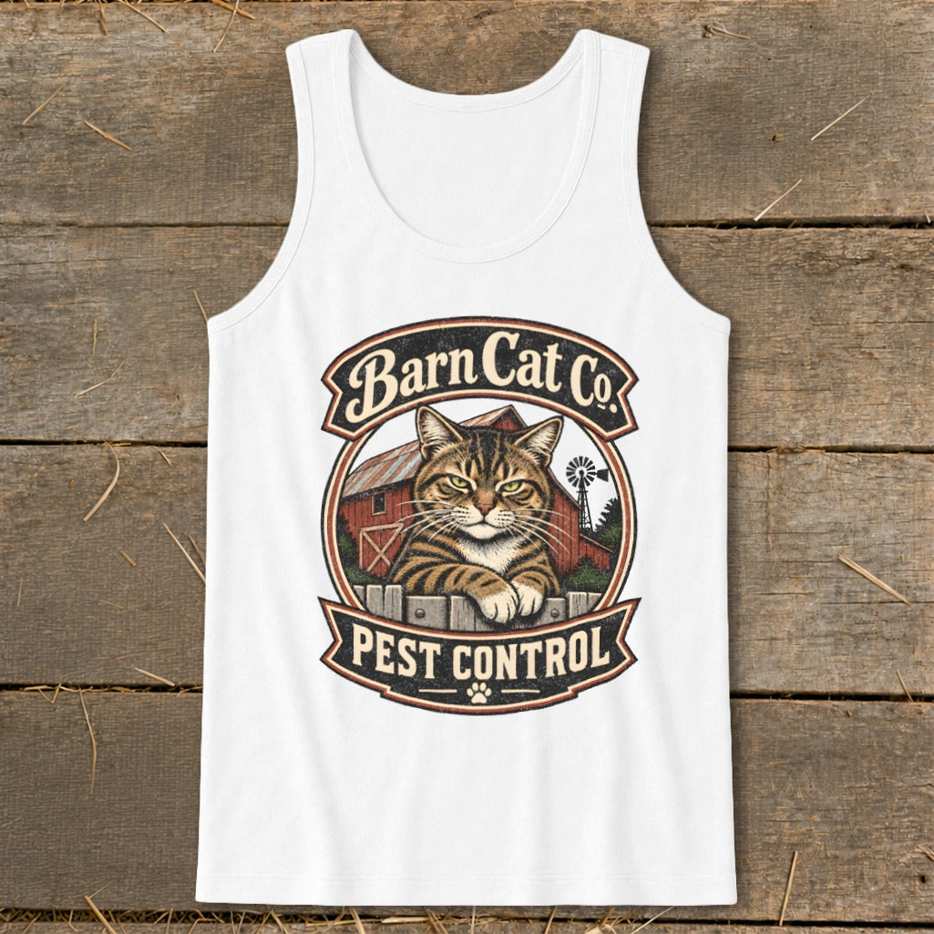 White tank top featuring a graphic of a tabby cat resting on a fence with the text Barn Cat Co Pest Control.