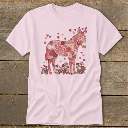 Pink t-shirt with a floral donkey design and small hearts.