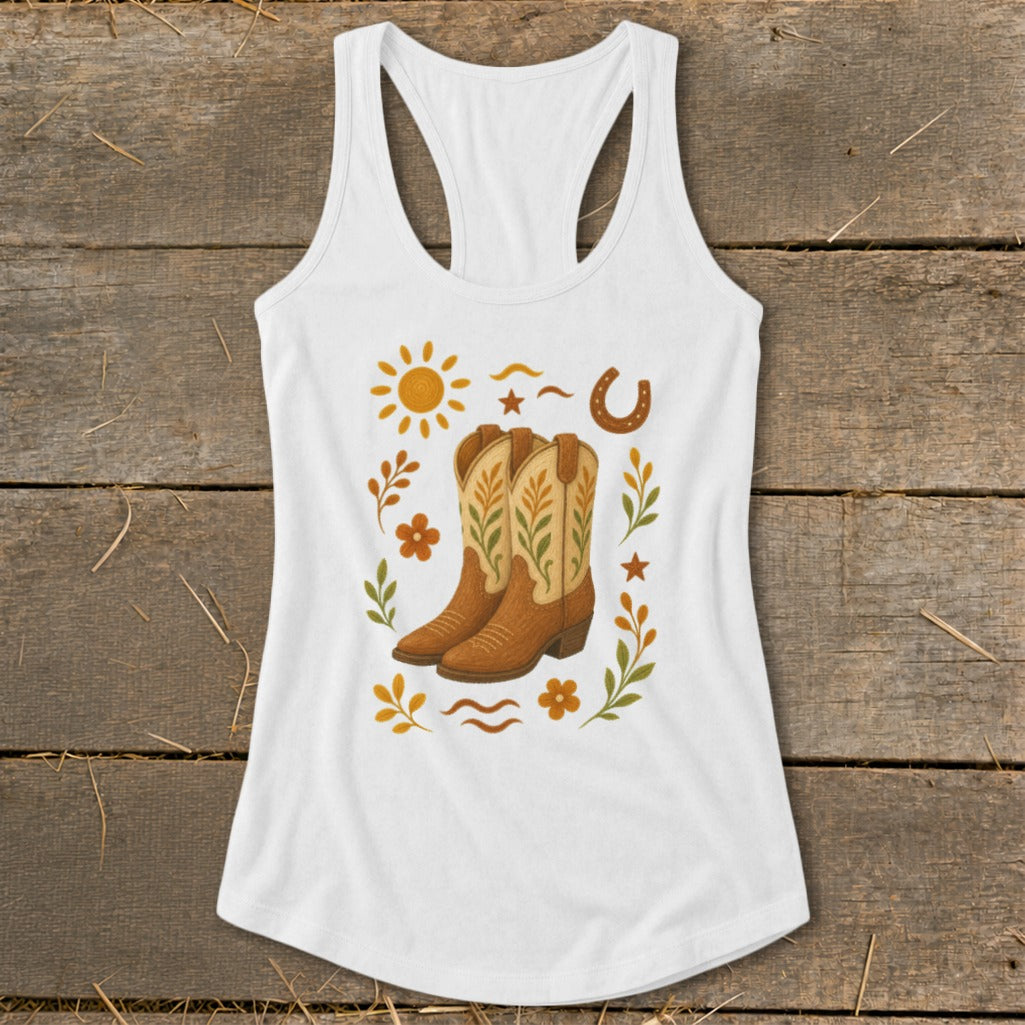 White tank top with a graphic of cowboy boots, sun, horseshoe, and floral elements.