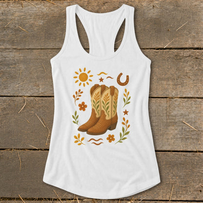 White tank top with a graphic of cowboy boots, sun, horseshoe, and floral elements.