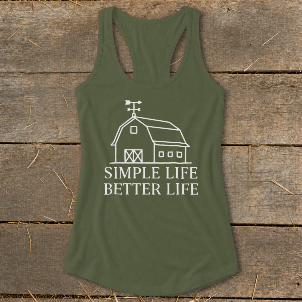 Olive green tank top with white barn graphic and text: "SIMPLE LIFE BETTER LIFE".