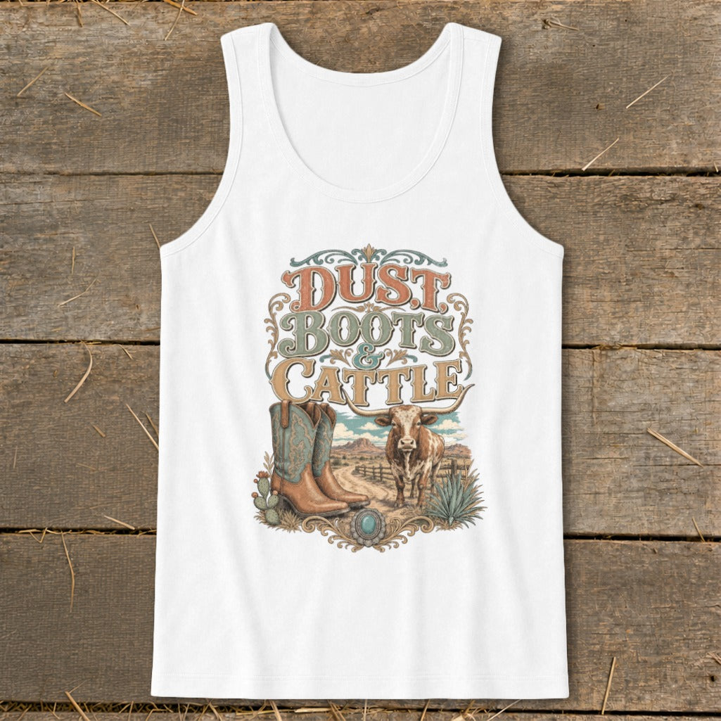 White tank top with "Dust Boots & Cattle" text, boots, and longhorn steer.