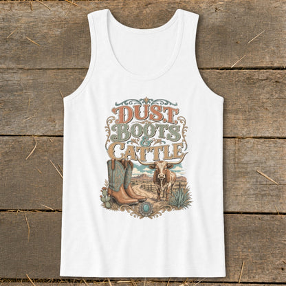 White tank top with "Dust Boots & Cattle" text, boots, and longhorn steer.