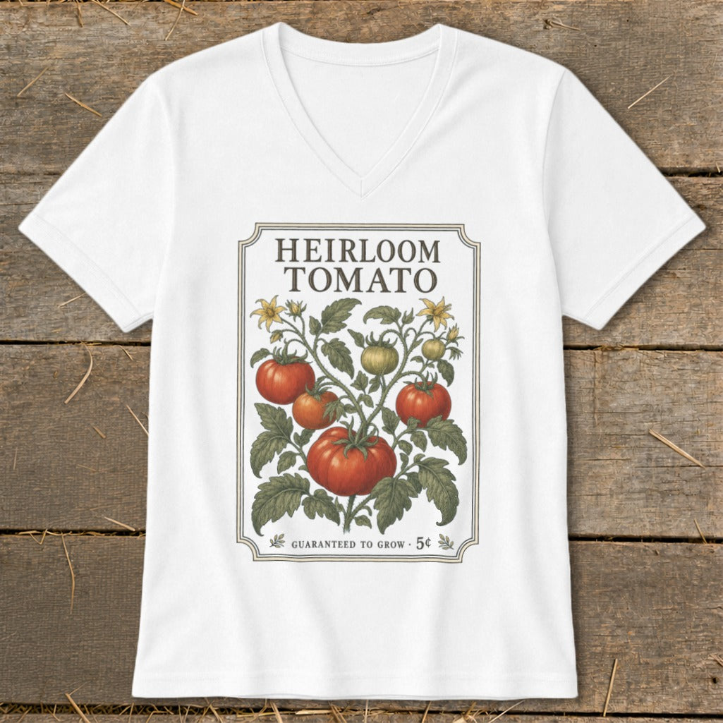 White t-shirt with "Heirloom Tomato" text and vintage tomato plant illustration.