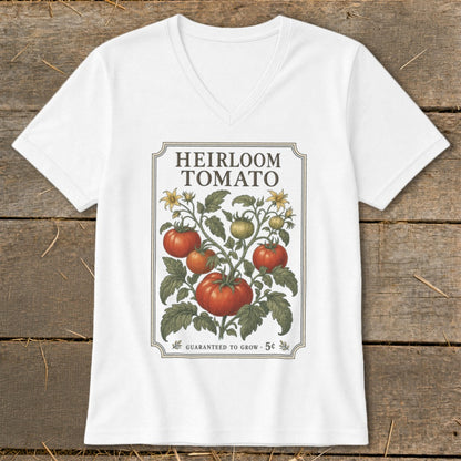 White t-shirt with "Heirloom Tomato" text and vintage tomato plant illustration.