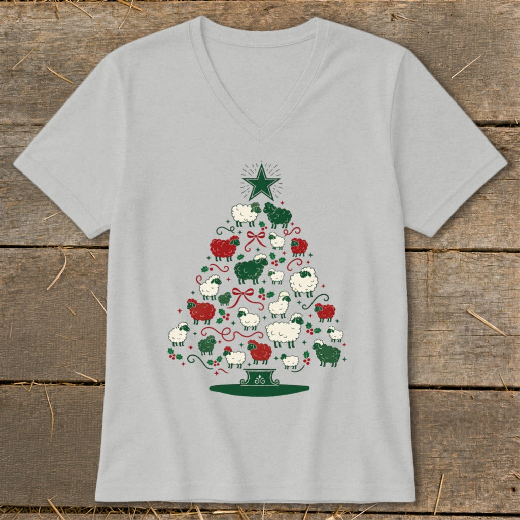 Grey t-shirt with a Christmas tree made of red and green sheep.