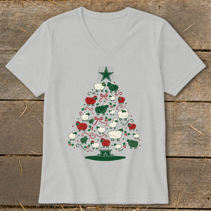 Grey t-shirt with a Christmas tree made of red and green sheep.