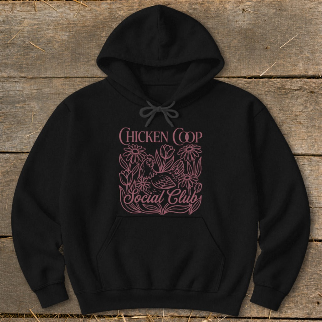 Black hoodie with "Chicken Coop Social Club" text and floral chicken design.