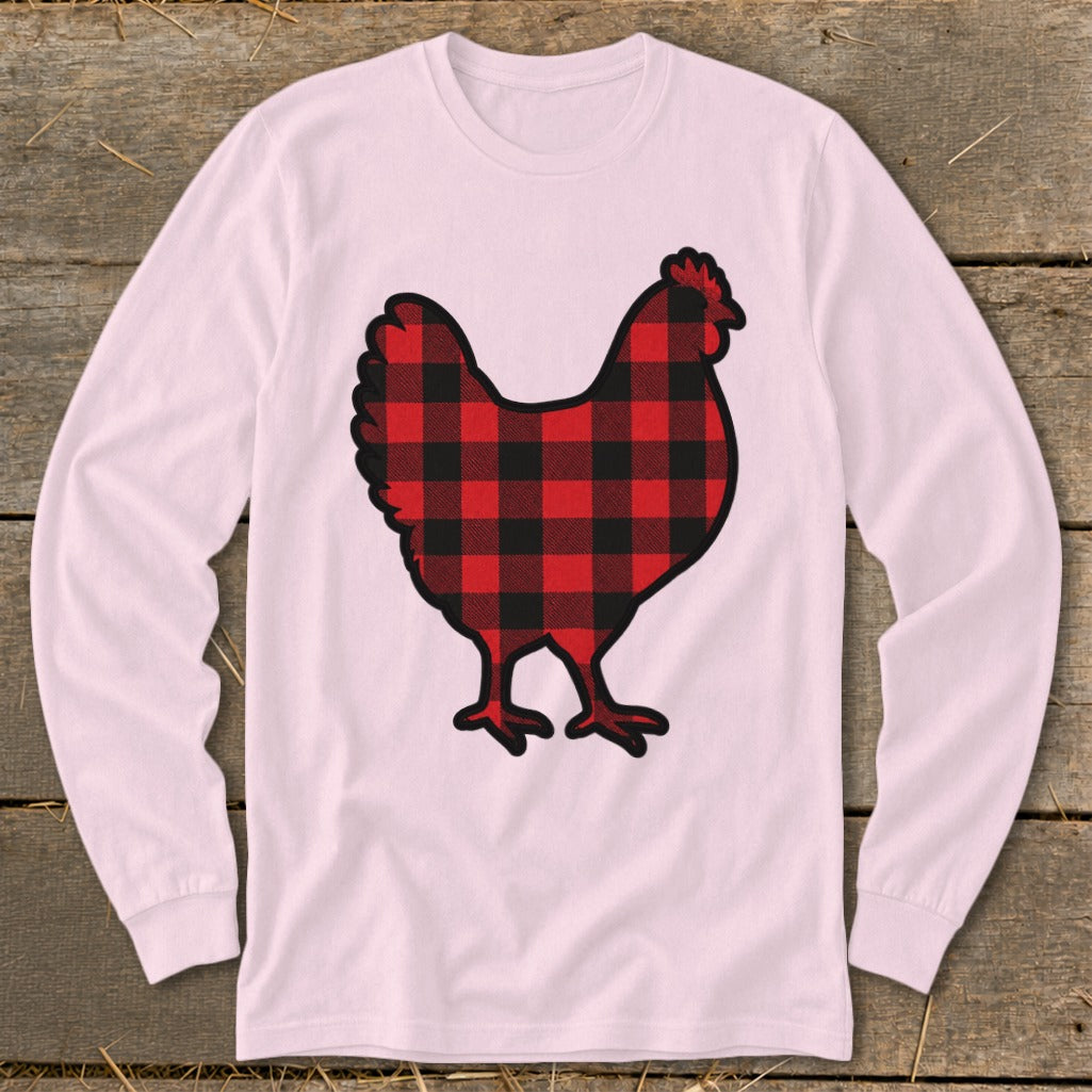 Long sleeve pink t-shirt with a red and black buffalo plaid chicken graphic.