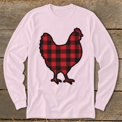 Long sleeve pink t-shirt with a red and black buffalo plaid chicken graphic.