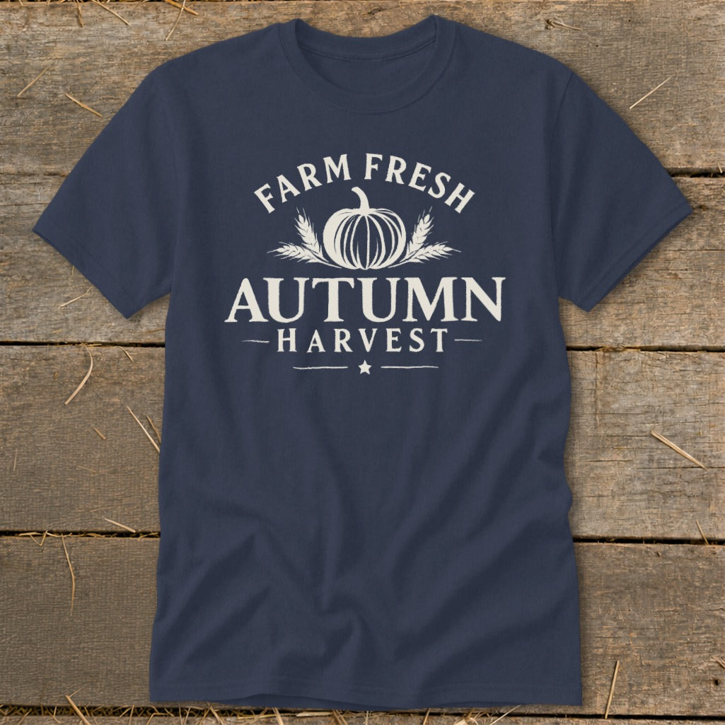 Navy t-shirt with white "Farm Fresh Autumn Harvest" text and pumpkin graphic.