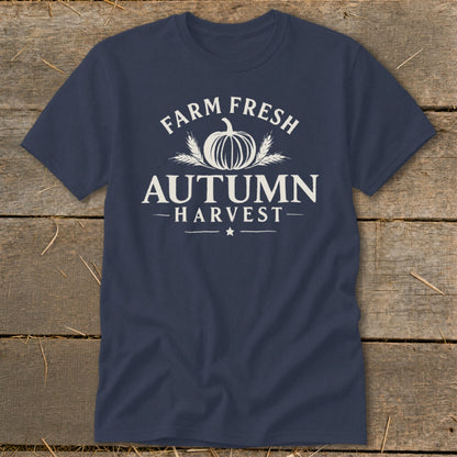 Navy t-shirt with white "Farm Fresh Autumn Harvest" text and pumpkin graphic.